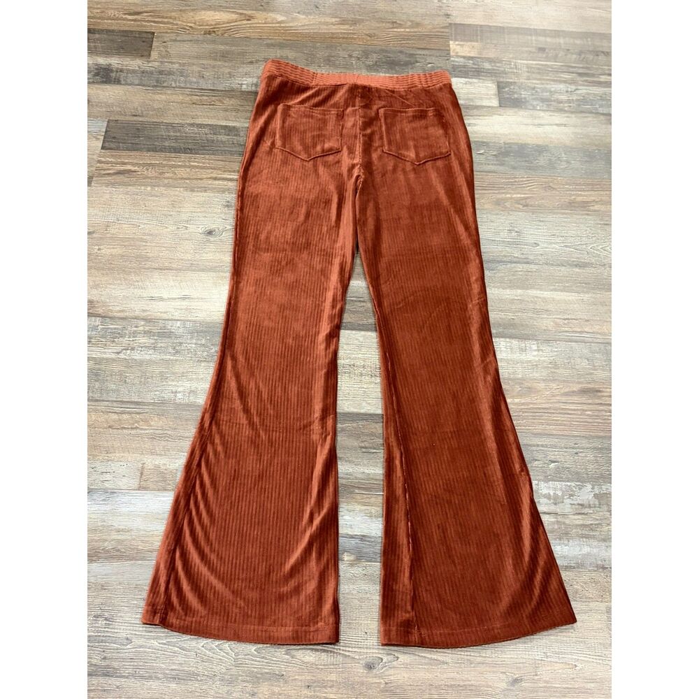 Allie Rose Retro Orange Velvet Velour Ribbed Flare Pants Sz L 70s Indie Pull On - Picture 2 of 9